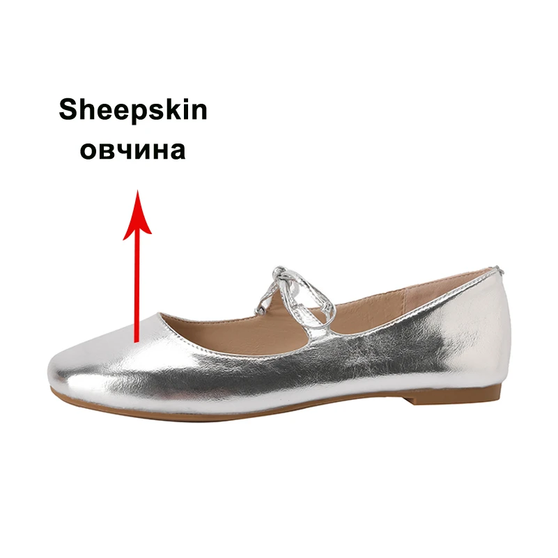 Meotina Women Genuine Leather Mary Janes Flats Round Toe Sheepskin Lace-up Ladies Fashion Shoes Spring Autumn Red Silver 42