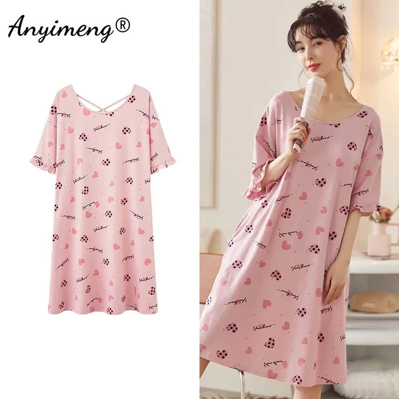 

Modal Night Dress Women Pink Lovely Hearts Printing Cool Nighty for Ladies Big Size 3XL 4XL 5XL Crossback Sexy Charming Lingerie