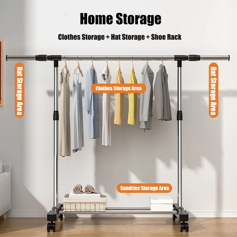 Tainless Steel Floor Drying Rack Double Pole Lifting Clothes Hanger Telescopic Mobile Hanging Clothes Rack Bedroom Coat Rack