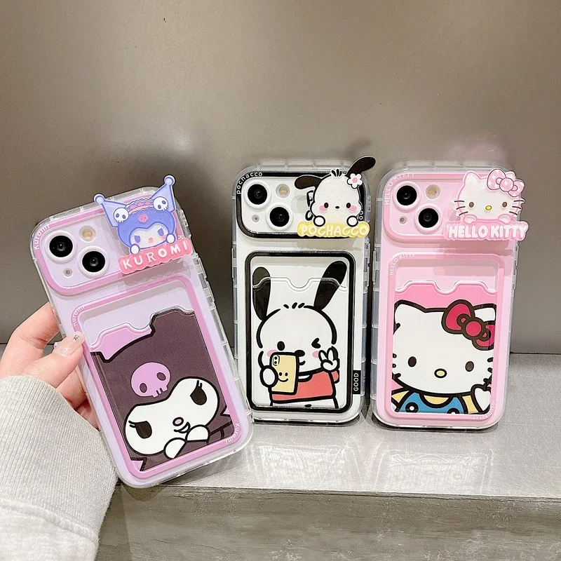 Cute Sanrio Hello Kitty Kuromi Pochacco Card Wallet Pocket Luminous Phone Case For iPhone 15 14 13 12 11 Pro Max Soft TPU Cover