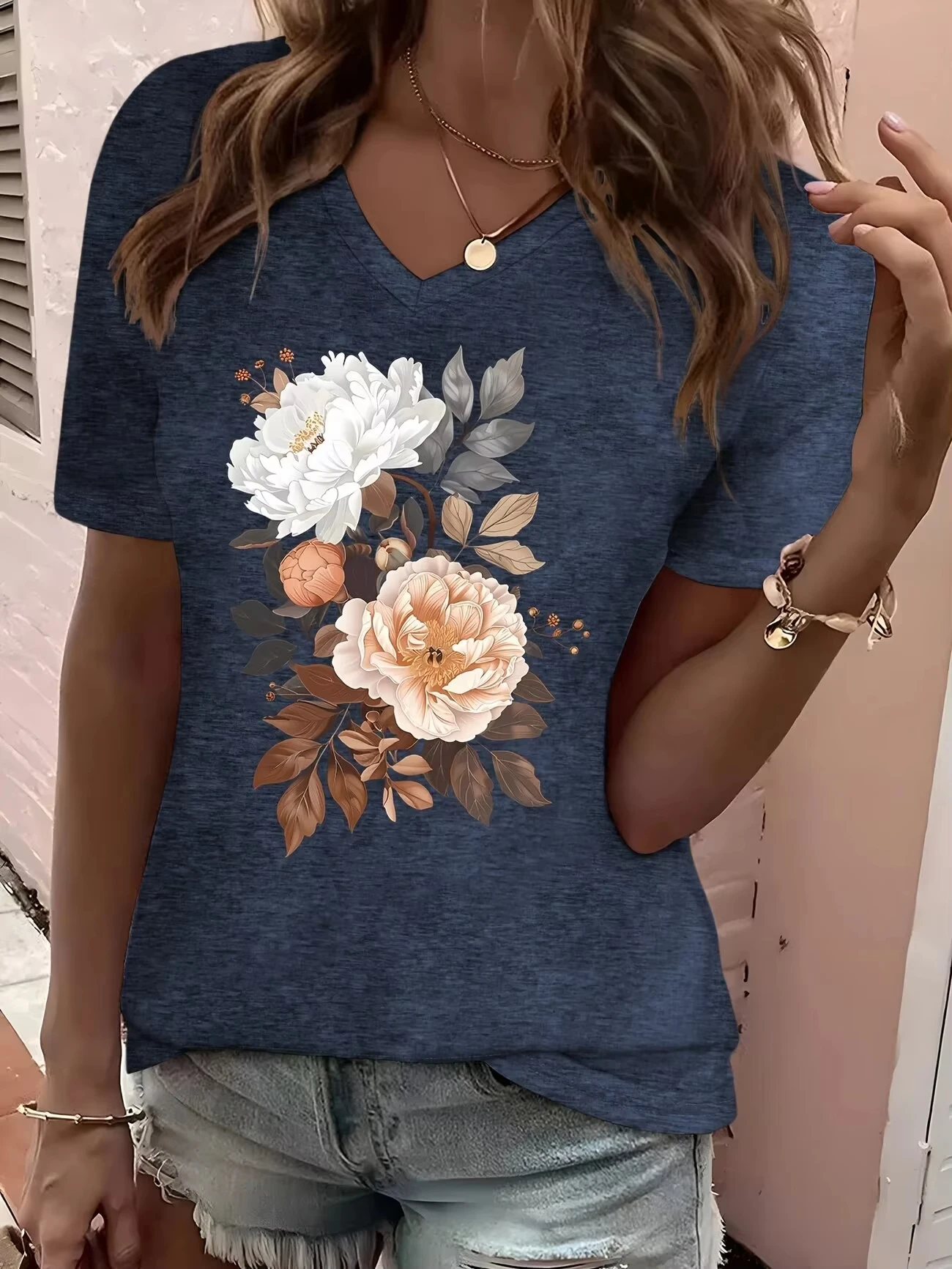 

Summer Women's T Shirt Plant Flower Print Casual Short Sleeve 3D T Shirts Fashion Streetwear V Neck Oversized Female Clothing