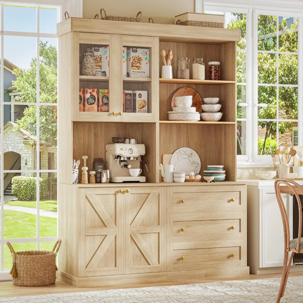 

71" tall farmhouse kitchen pantry, large storage cabinet with glass doors and drawers, freestanding coffee bar hutch