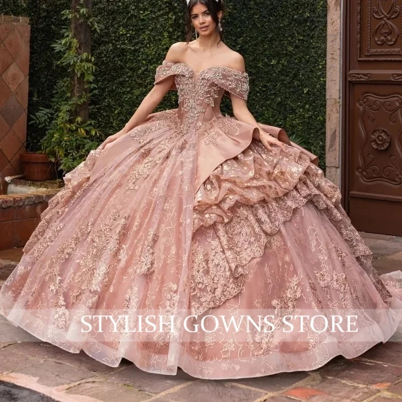 Sparkly Pink Quinceanera Dresses Ball Gown Off The Shoulder Applique Lace Beading Crystal Tiered Tull Sweet Vestidos 15 De Anos