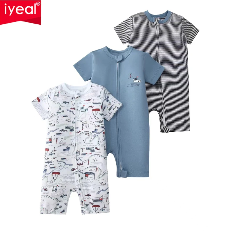 IYEAL Baby Boys Girls Summer 100% Cotton  Rompers Baby Cartoon Pajamas 3Pcs/Lot Newborn Bebe Clothing Infant Jumpsuit