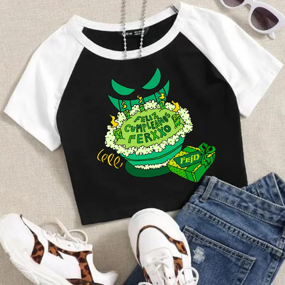 

Feliz Cumpleanos Ferxxo Feid Woman's Crop T-Shirt Girls Fashion O-Neck Short Sleeves Shirts Music Fans Gift