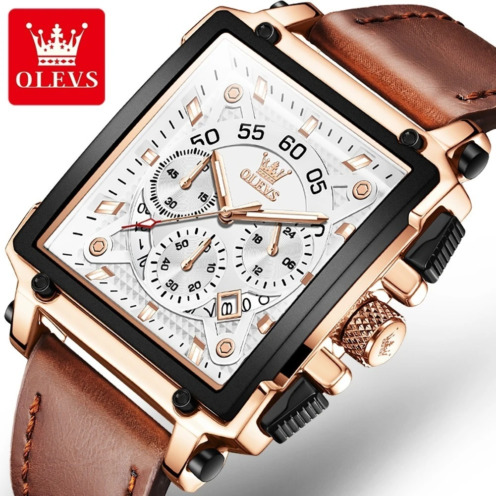 

OLEVS 9919 Quartz Sport Watch Genuine Leather Watchband Rectangular-dial Chronograph Calendar Luminous Small second