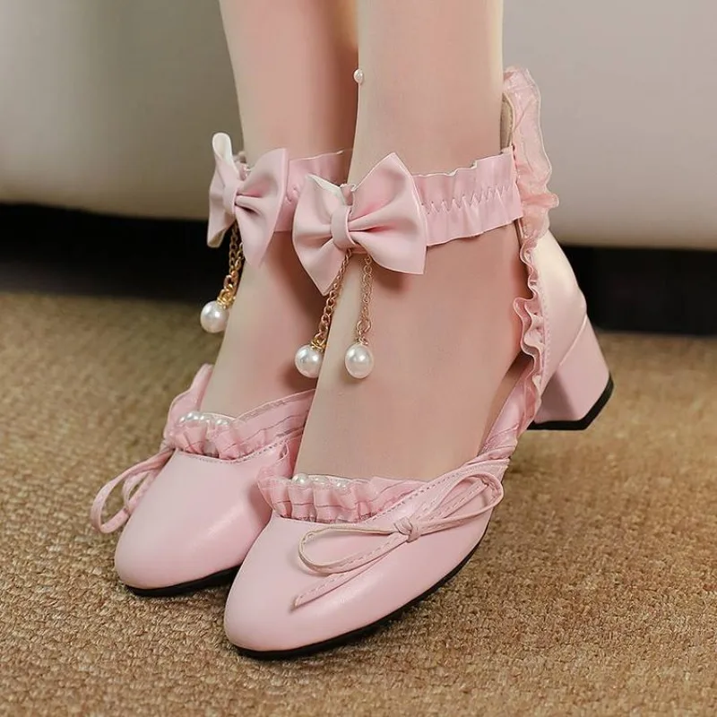 

Spring Fashion New Model High Heels Nude Shoes Round Head Zipper Sweet Lace Butterfly-knot Lolita Style Student Women's Shoes