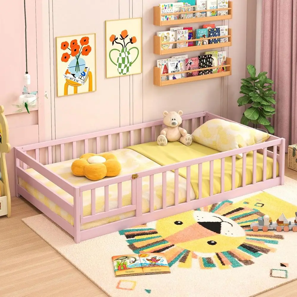 

Montori loor Bed Twin, Wood Bed e with ence and Door, Twin Size Kid Beds with Rails & Saety Guardrails, Cute Playhouse Without S