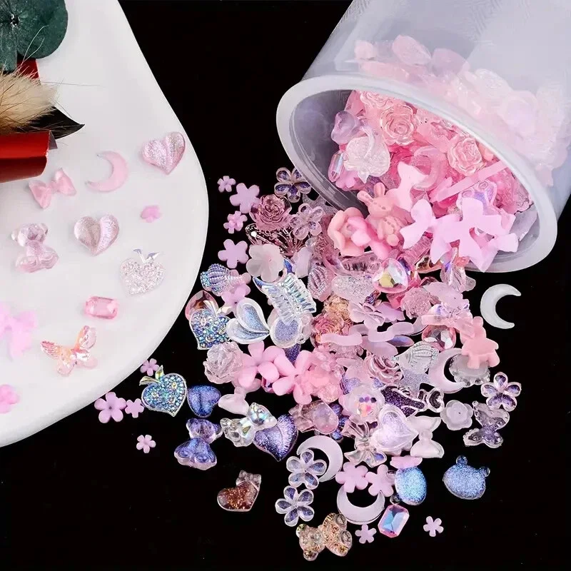 50g Random Pink Purple 3D Resin Nail Charms Mixed Flower Moon Heart Bow Bear Rhinestone DIY Manicure Decor