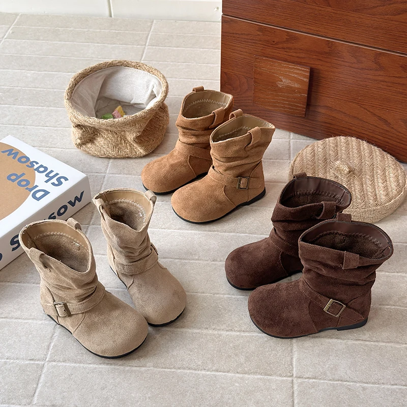 Girls Mid Calf Boots Kids Short Leather Boots with Buckle Soft Sole Non-slip Children Retro Fashion Boots 2026 Autumn Winter New