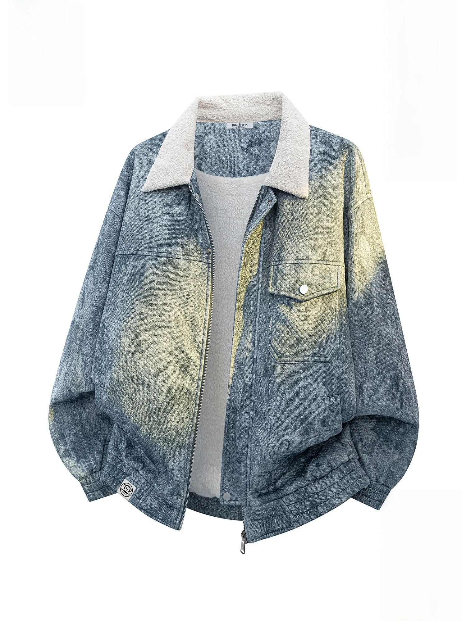 

PaulFrank Retro Tie Dye Fce Lined Collared Jaet Men's Winter Workwear Coat Large Mouth Monkey Casual Sle Zipper Closure