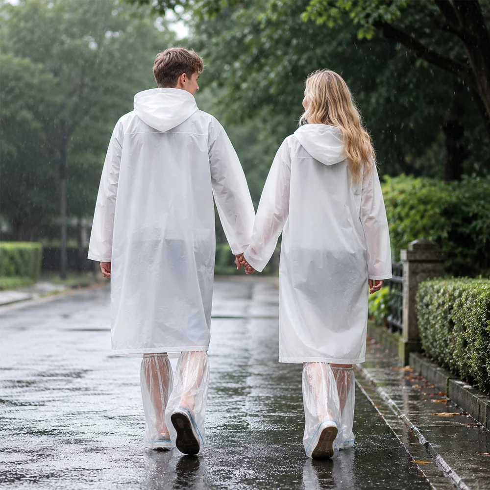 White Raincoat with 10 Disposable Shoe Covers Waterproof Adult Poncho Set for Outdoor Travel Camping Hiking Rain Protection Gear