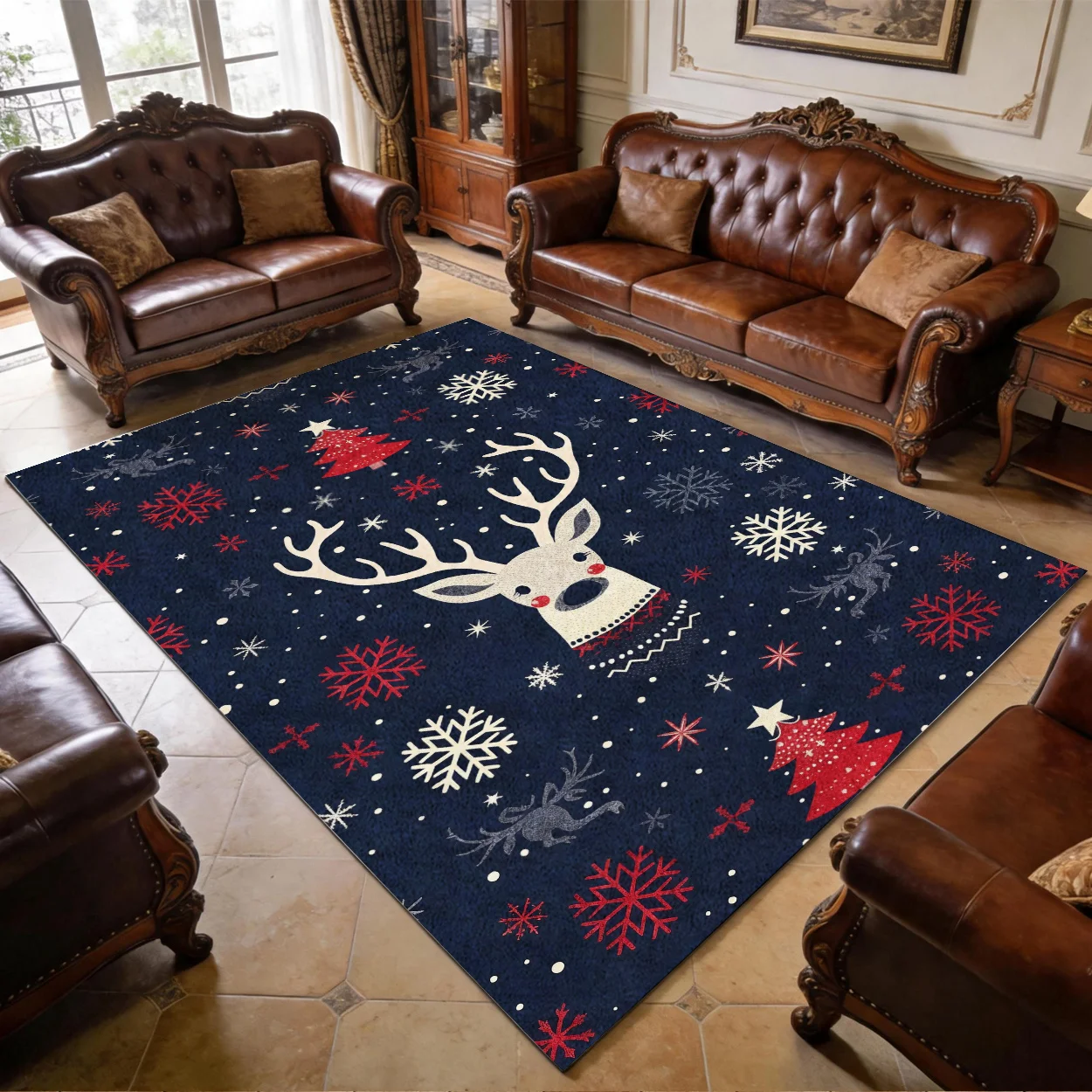 [2D Flat]Rectangle Rug, Christmas Reindeer Snowflake Red Green Pattern,Machine Washable, Easy Care Home Decor, Sofa Bedside Dining Table Mat, Kitchen Mat, Game Room Entrance Floor Mat