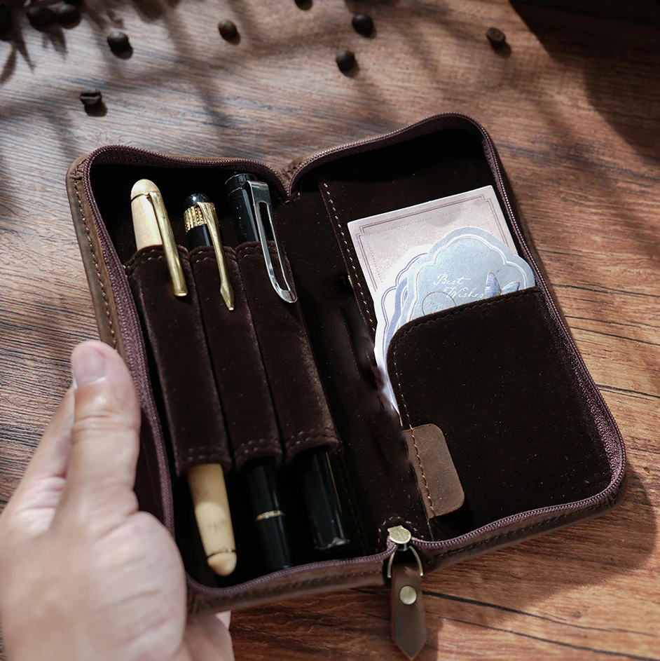Retro Square Zippered Fountain Pen Bag Creative Crazy Horse Leather 3-Slot Pen Box Ticket Storage Box