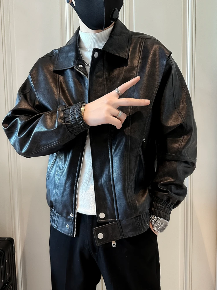 

Faionable Men's Leather Jaet Biker Sle Versatile Sli Spring Autumn New Design Loose Fit Long Sve Zipper Closure