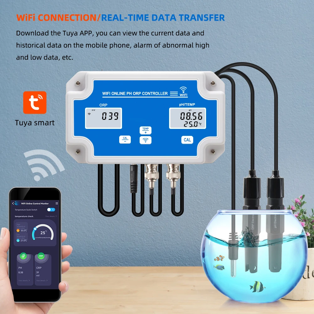 WiFi Temp ORP Misuratore PH Tester di qualità dell\'acqua Analizzatore pH Redox Controller Monitor online remoto intelligente per acquari Piscina