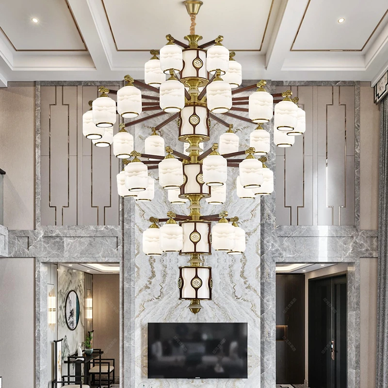 Duplex Building Large Chandelier Villa Living Room Elevated Ceiling High-rise Building Copper Wood Art Staircase Chandelier Led