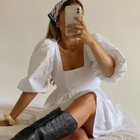 Women y2k Puff Sleeve Dress Backless Bandage Square Collar Mini Dress Solid Color A-Line Short Dress Cute Streetwear