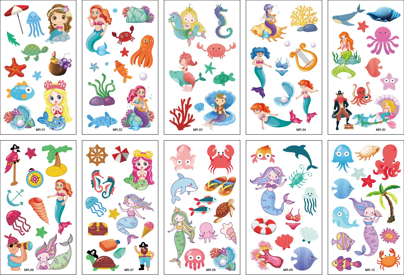 10 Pack Fake Tattoo Stickers Cartoon Temporary Tattoos Kids Arm Tattoos Kids Undersea Mermaid Fun Party Tattoo Stickers