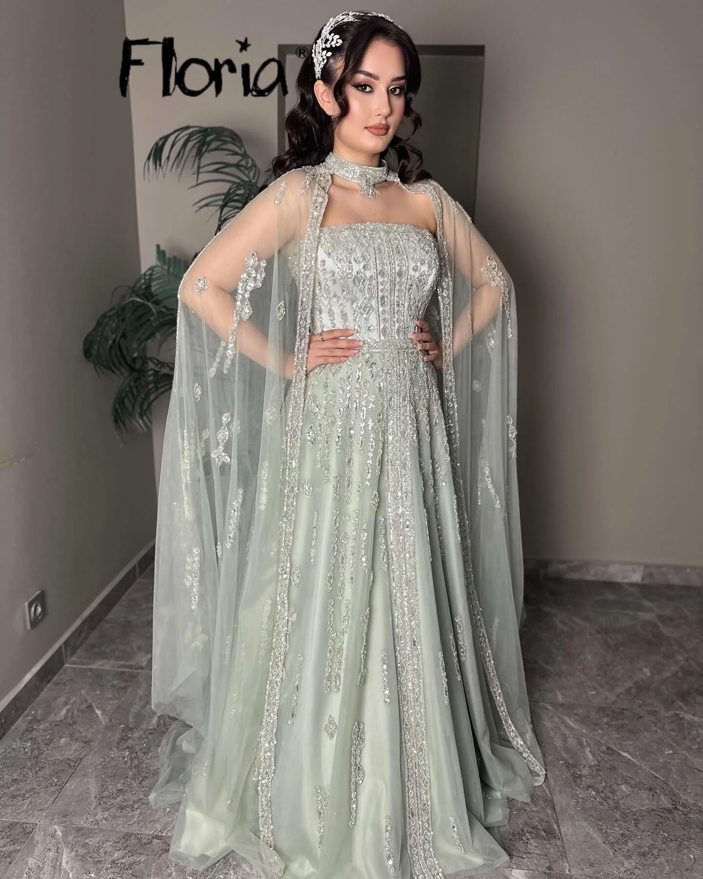 

Saudi Arabic Turquoise A Line Cape Sleeve Beaded Evening Dresses For Occasion 2026 Two Pieces Maxi Prom Dresses Customized