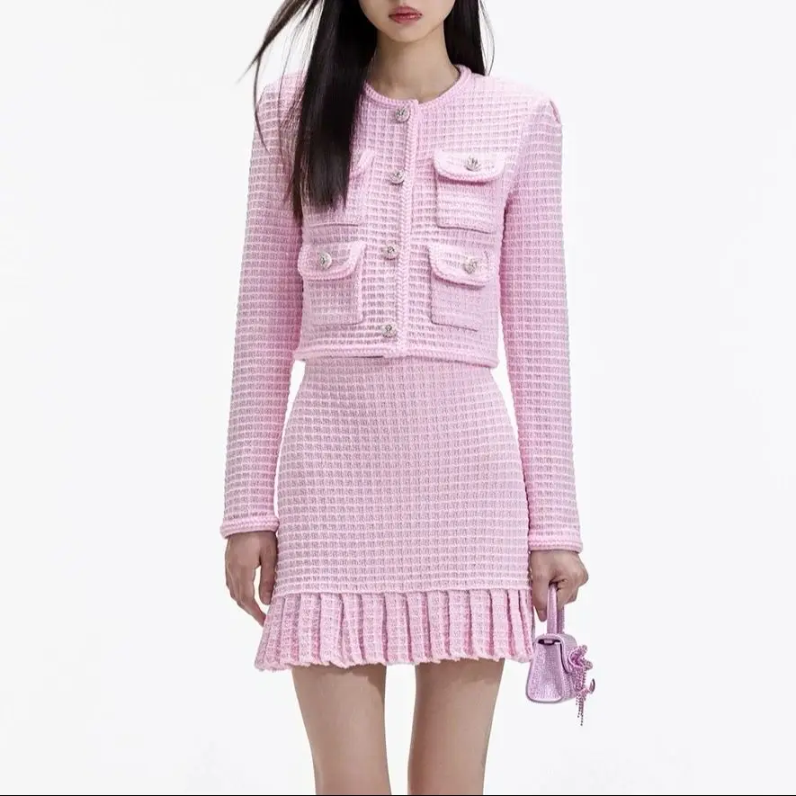 Women Pink knitted set o-neck short cardigan jacket + high wiast mini skirt