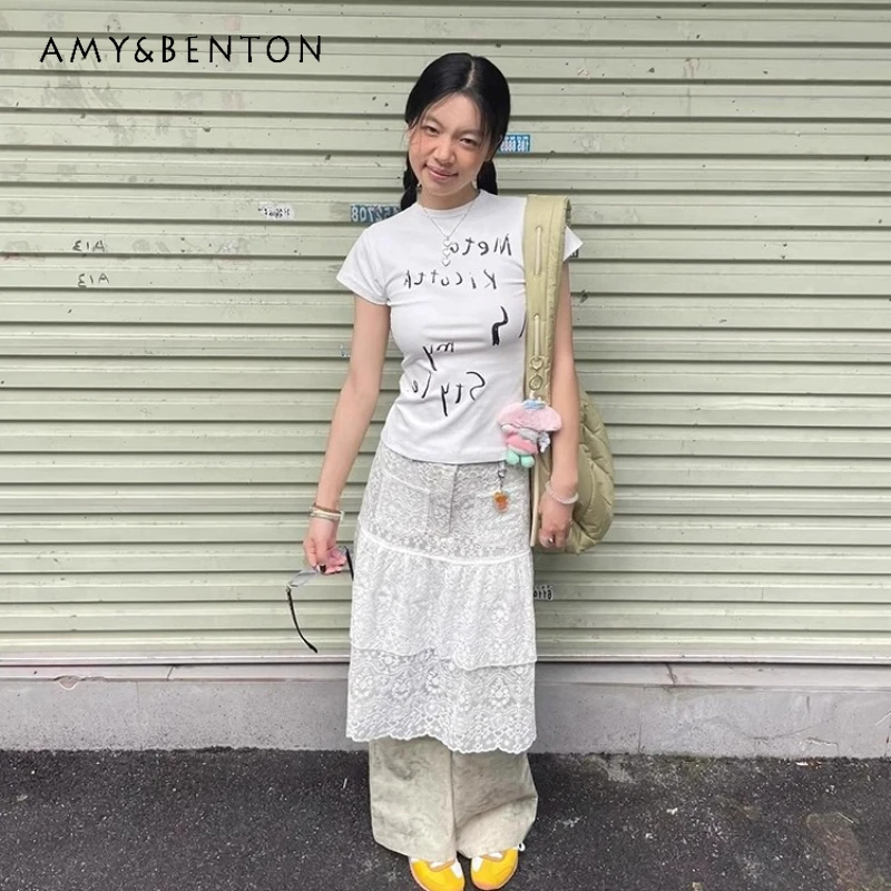 

Vintage White Lace Splicing Women's Casual Skirt Pants Summer New Personality High Waist Versatile Straight Long Trousers Ladies