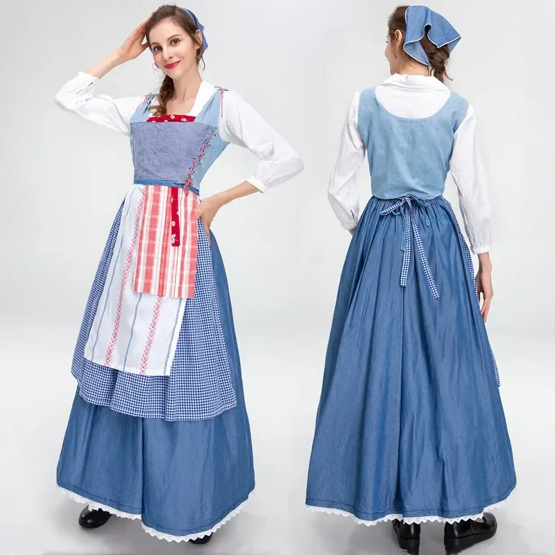 Blue Plaid French Manor Maid Costume Retro Farm Girl Maid Long Dress Adult Halloween Cosplay Bavarian Oktoberfest Dirndl Costume