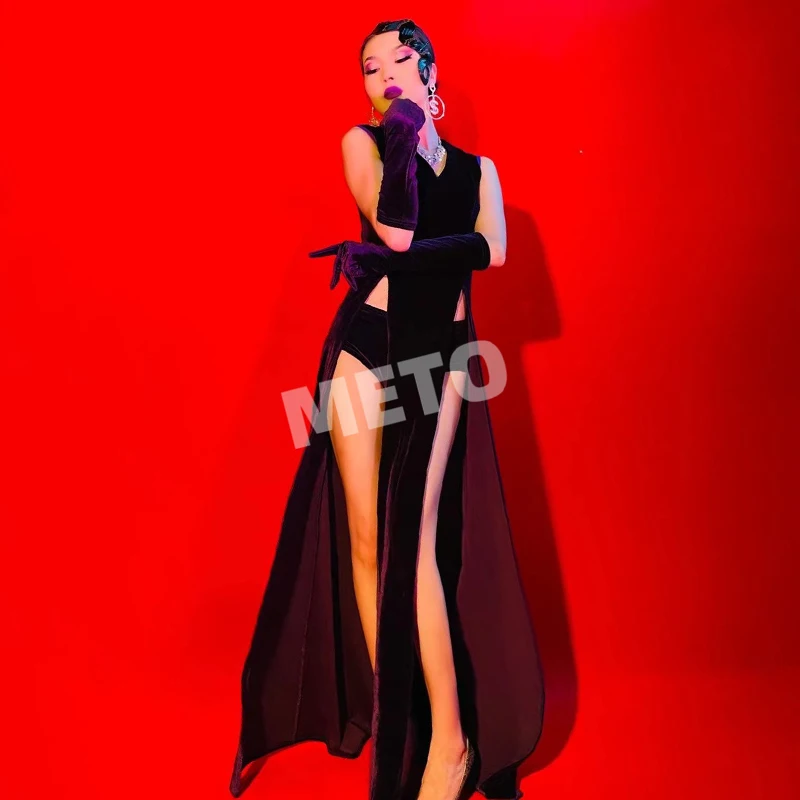 Nightclub Bar Dance Costume Sexy Velvet Long Dresses Women Stage Show Performance Clothes Dancehall Queen Rave Outfit VDL3981