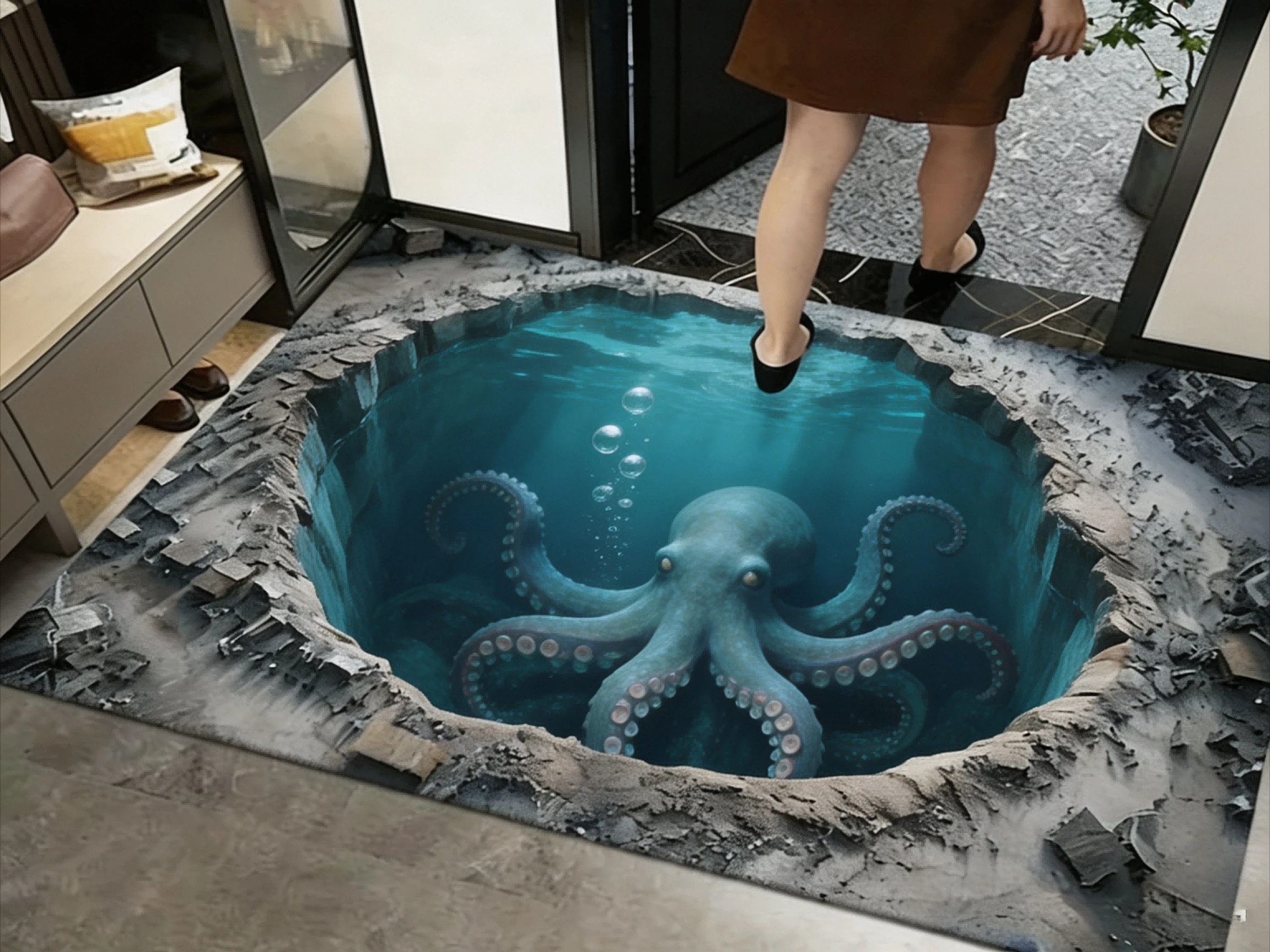 Fantasy Ocean Floor Rug Realistic Illusion Broken Ground Pit with Giant Octopus Underwater Seabed Pattern Marine Art Decor Rug