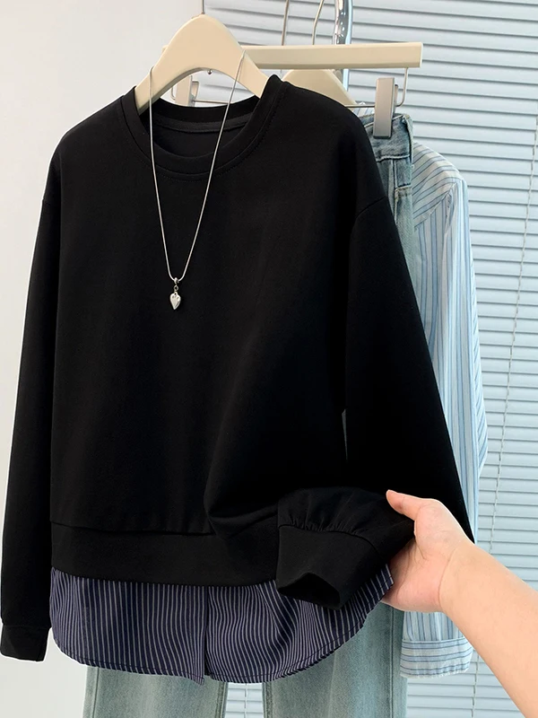 เสื้อฮู้ดดี้ลายทางต่อผ้าทรงหลวมสไตล์ลำลอง ดีไซน์ทันสมัย ใส่ได้ทุกโอกาส แขนยาว ทรงกลม สำหรับฤดูใบไม้ร่วงและฤดูหนาว