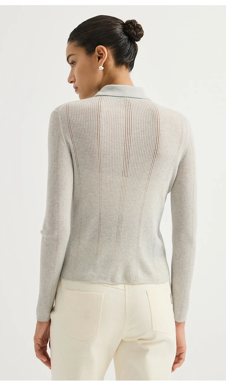 BY3621691 Damen-Polokragen-Pointelle-Strickjacke aus Wollmischung mit langen Ärmeln, halber Knopfleiste, Muschelknopfverschluss, Kette, dezenter Luxus für den Herbst – Detail 6