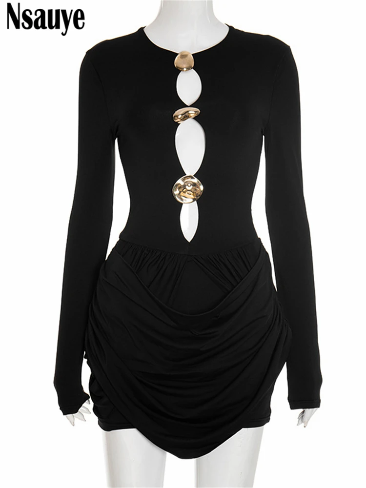 Nsauye Autumn Winter Women 2025 Sexy Night Club Mini Wrap Hollow Out Party Dress Fashion Elegant Evening Short Dress Long Sleeve