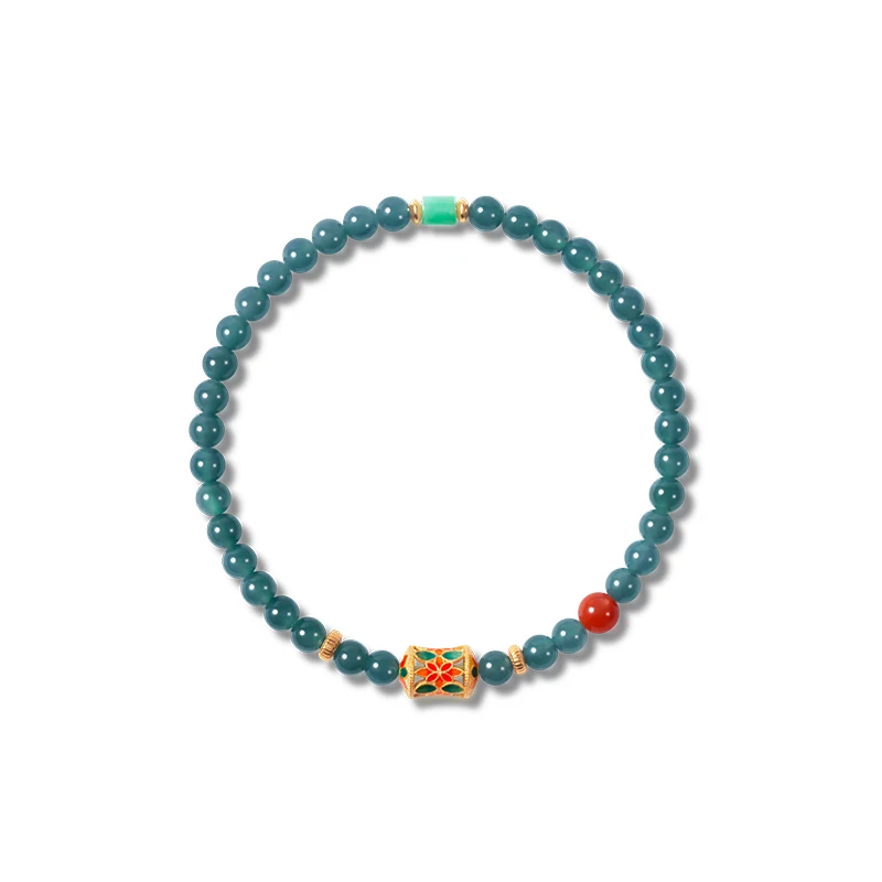 

Healing Natural Blue Aquamarine Women Bracelet S925 Gold Plated Sterling Silver Red Agate Enamel Meditation Wealth Luck Charm
