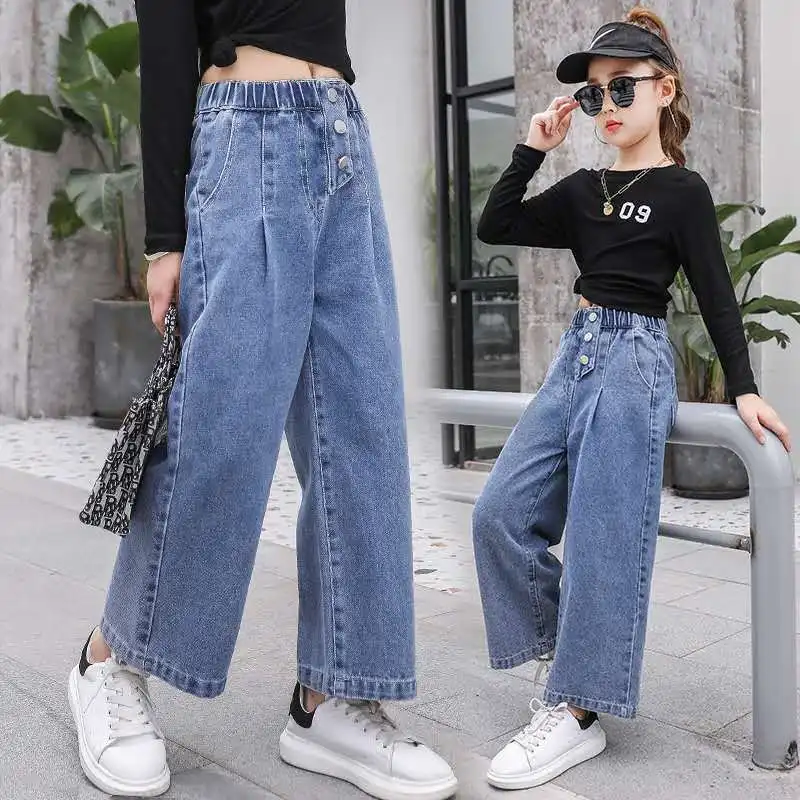 

2023 Spring summer Teen Girls blue Casual Fashion straight leg Kids crop jeans Pants Child flares Trousers 4 6 8 10 12 14 Years