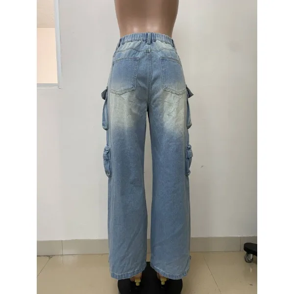 Women Denim Trousers Streetwear Fashionable Solid Versatile Multi-pocket Casual Pants Ladies High Waist 2025 Summer and Fall New
