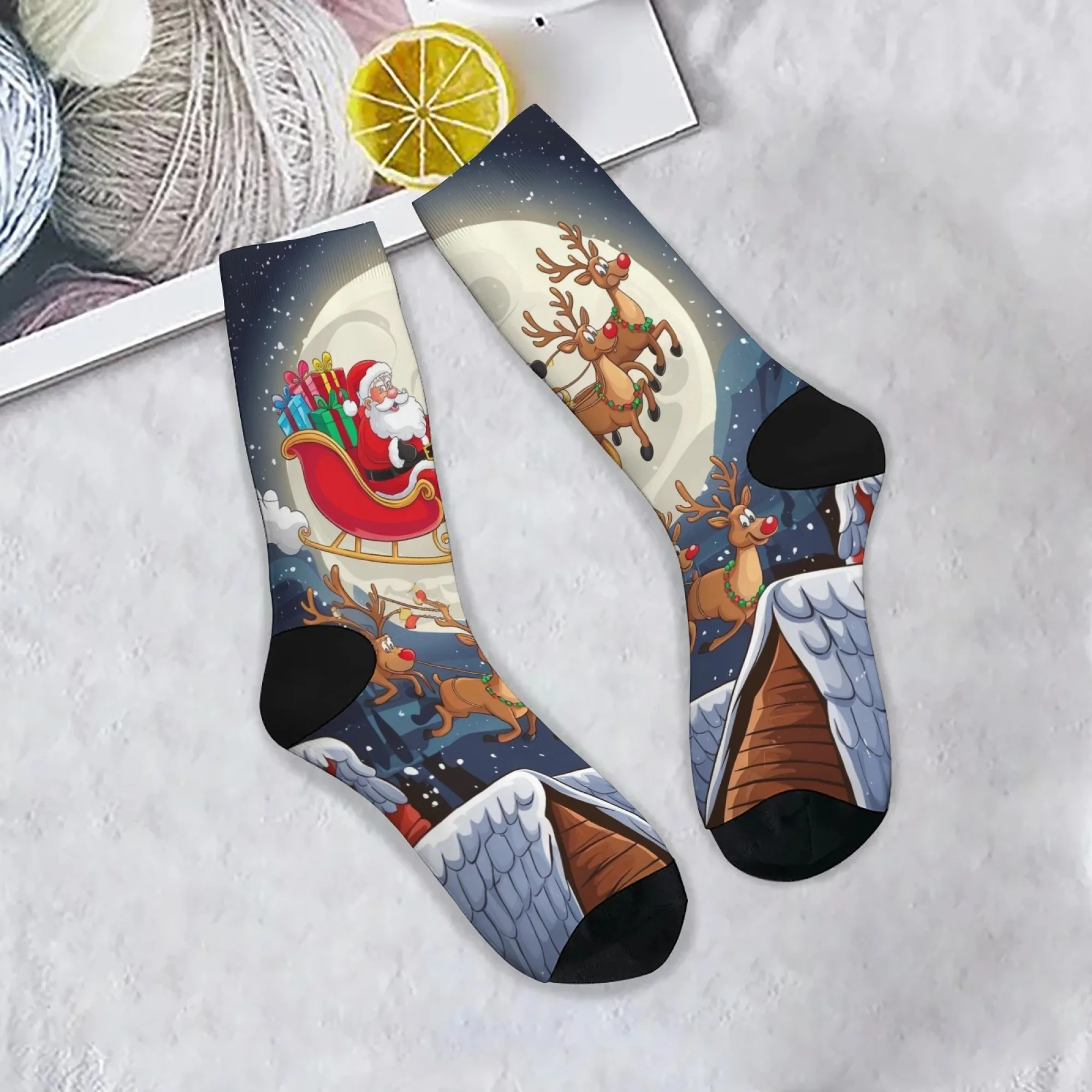 Harajuku Retro Weihnachtsmann und Rentier-Themen-Herrensocken, bequem, atmungsaktiv, rutschfest, Freizeitsocken, Party, Urlaub, Geschenksocken