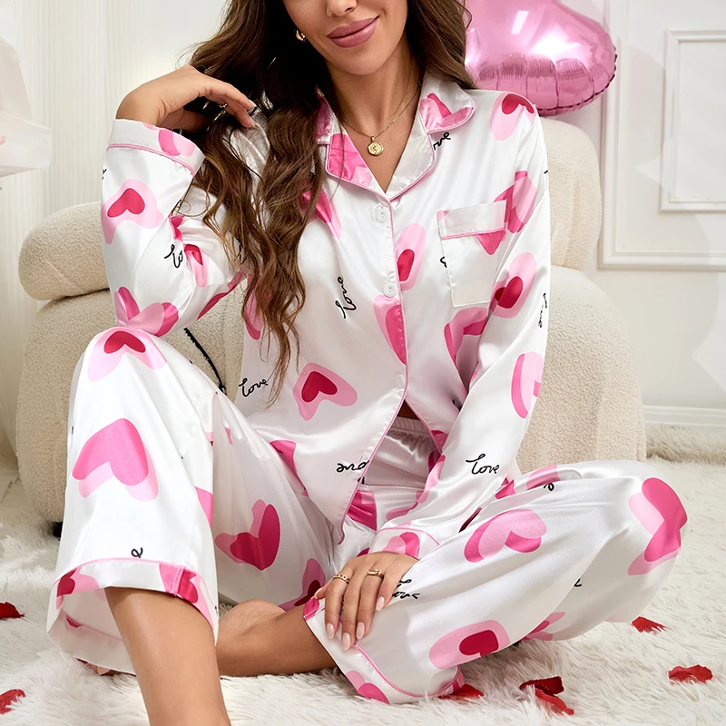 Women\'s Satin Pajama Set Autumn Heart Print Pyjama Long Sleeve Button-Down Shirt Tops & Long Pants Sleepwear Loungewear 2 Piece