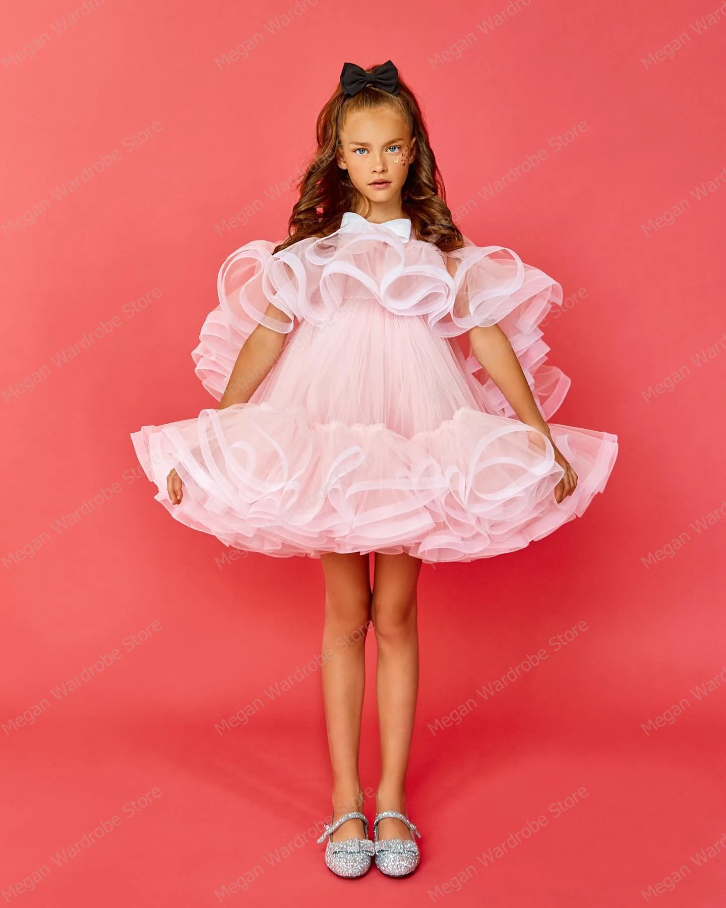 Sweety Ruffled Tulle Kids Birthday Party Dress Pink Girls Tulle Super Fairy Princess Dresses Fly Sleeve Cake Ruffled Child Dress