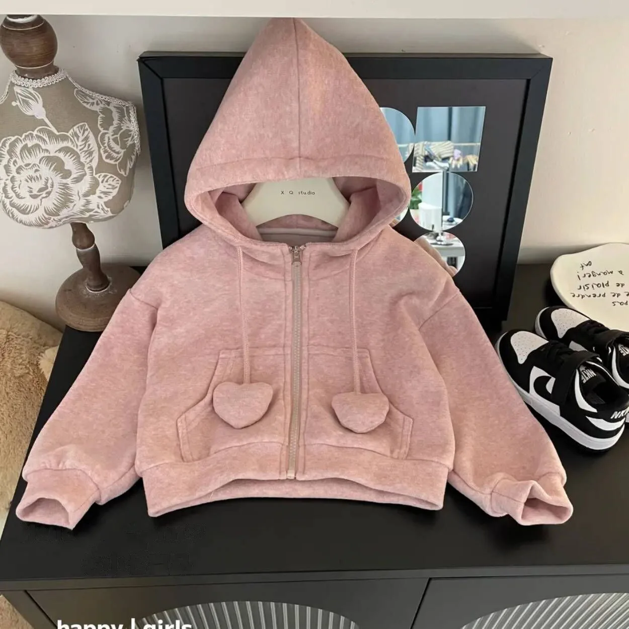 Kids Girl Pink Tracksuits Hooded Zipper Sweatershirt Coat+Solid Elastic Waist Wide Leg Pants 2Pcs Children Spring Autumn Suits