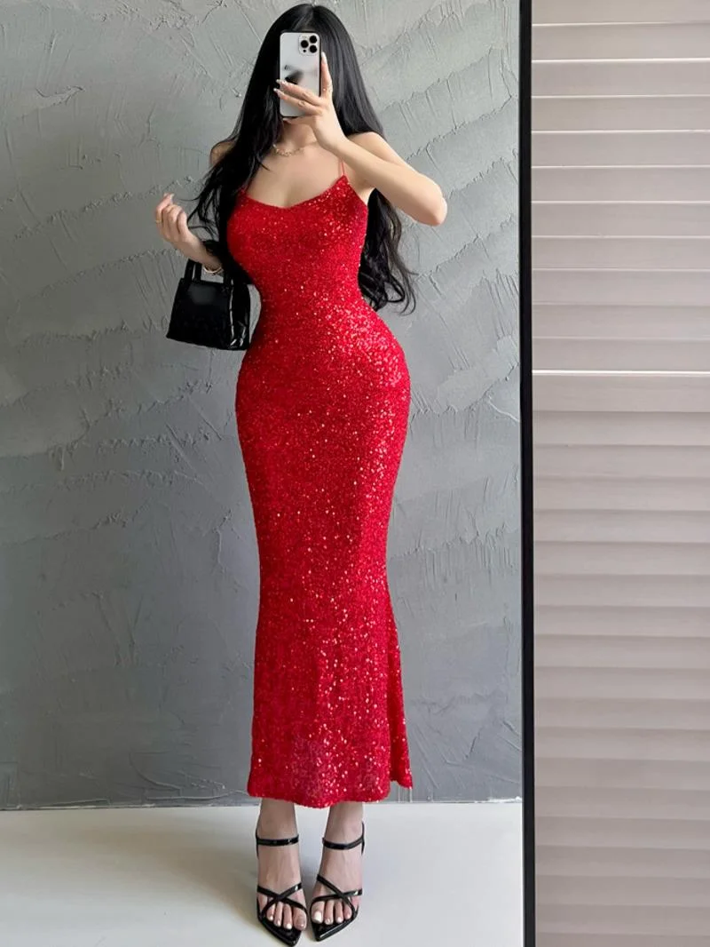 Pure Desire Sparkling Silver Strap Dress Elegant Women's Light Luxury Banquet Slim Dress Dresses Robe Sweet Women 2024 New G1WW