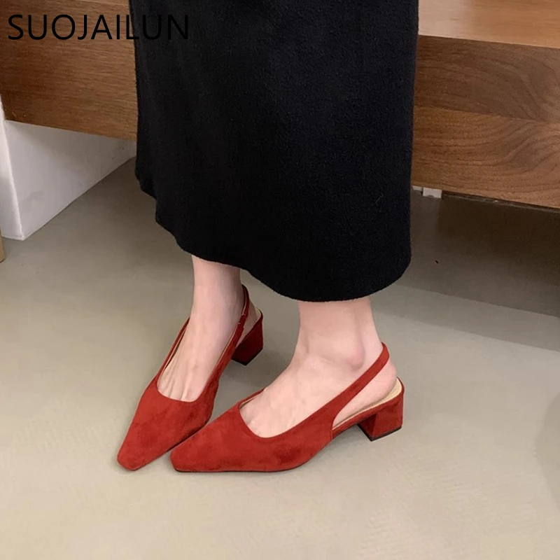 SUOJIALUN 2024 Spring New Sandal Shoes Fashion Shallow Slip On Ladies Slingback Shoes Squaew Low Heel Outdoor Dress Mules Pumps