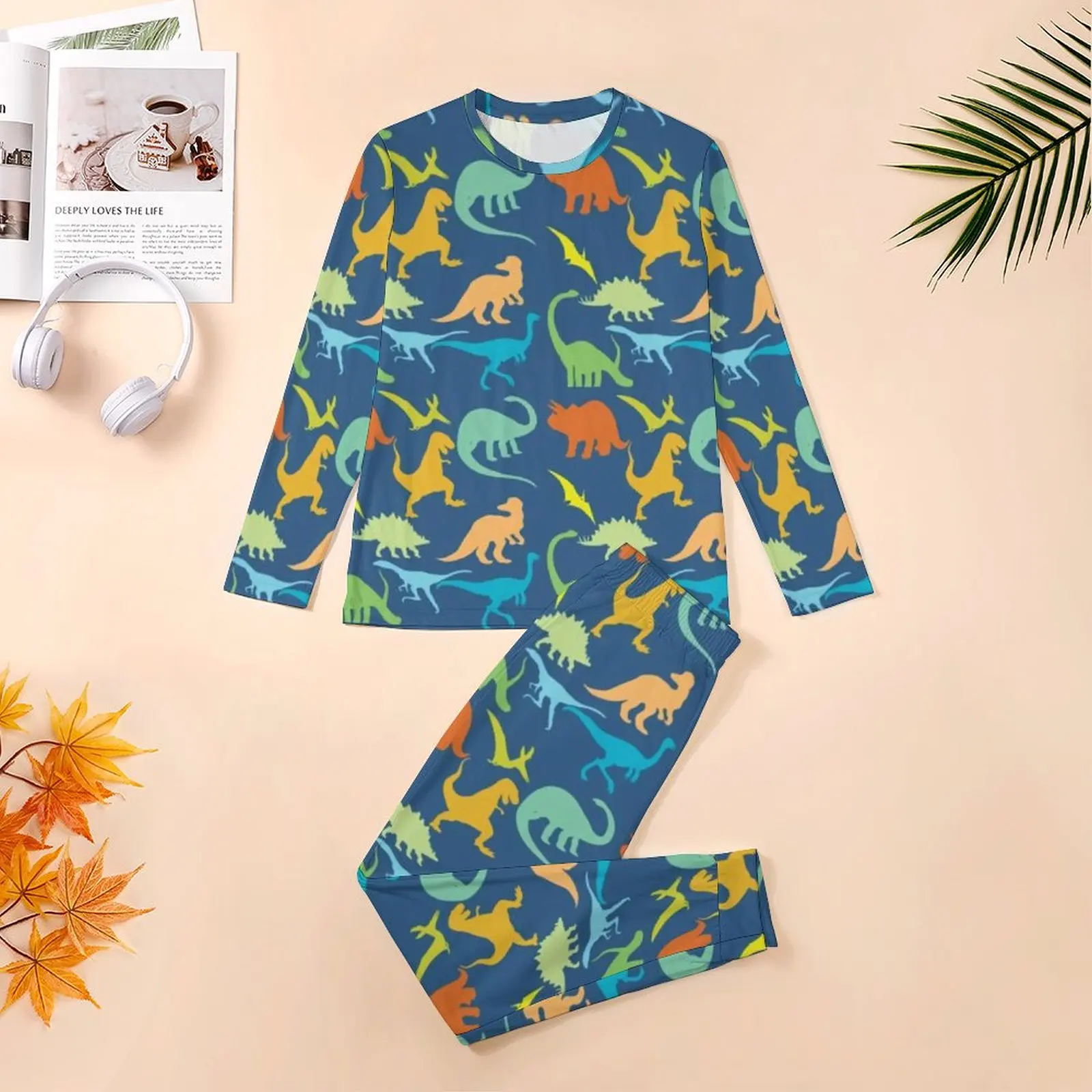 Pijama de dinosaurios coloridos para hombre, Conjunto de pijama suave de manga larga con silueta de dinosaurio, ropa de dormir informal de 2 piezas