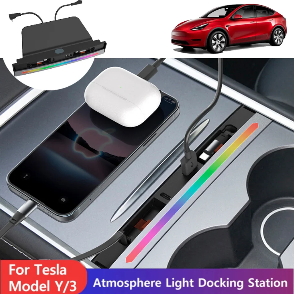 

Central Console 84W Color Retractable Dock for Tesla Model 3 2021-2023 Y 2021-2025 USB Hub Fast Charger with Mood Light