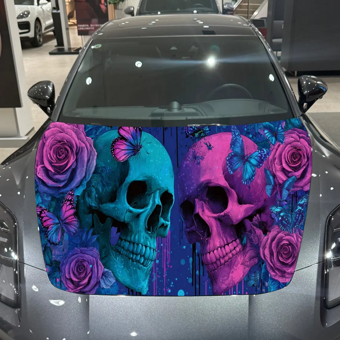 

Colorful Skull Rose Butterfly Creative PVC Car Hood Wraps, Self-Adhesive Waterproof Car Bonnet Decal Sticker, Car Decoration Pro
