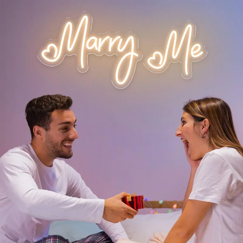 Enseigne au néon LED Marry Me, lettres lumineuses à intensité variable, grand design en deux pièces, décoration murale, chambre à coucher, proposition de mariage, fiançailles