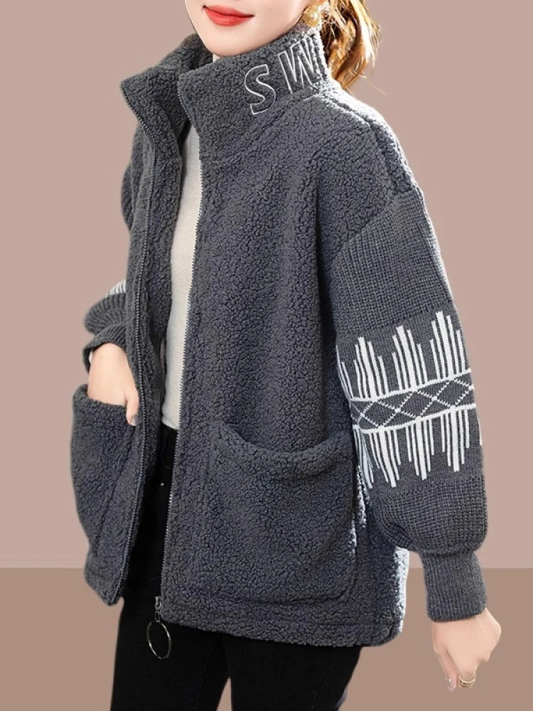 

Женская утепленная куртка из искусственного меха под овчину, осенне-зимняя, повседневная, с длинными рукавами, воротником-стойкой, больших размеров, верхняя одежда для женщин