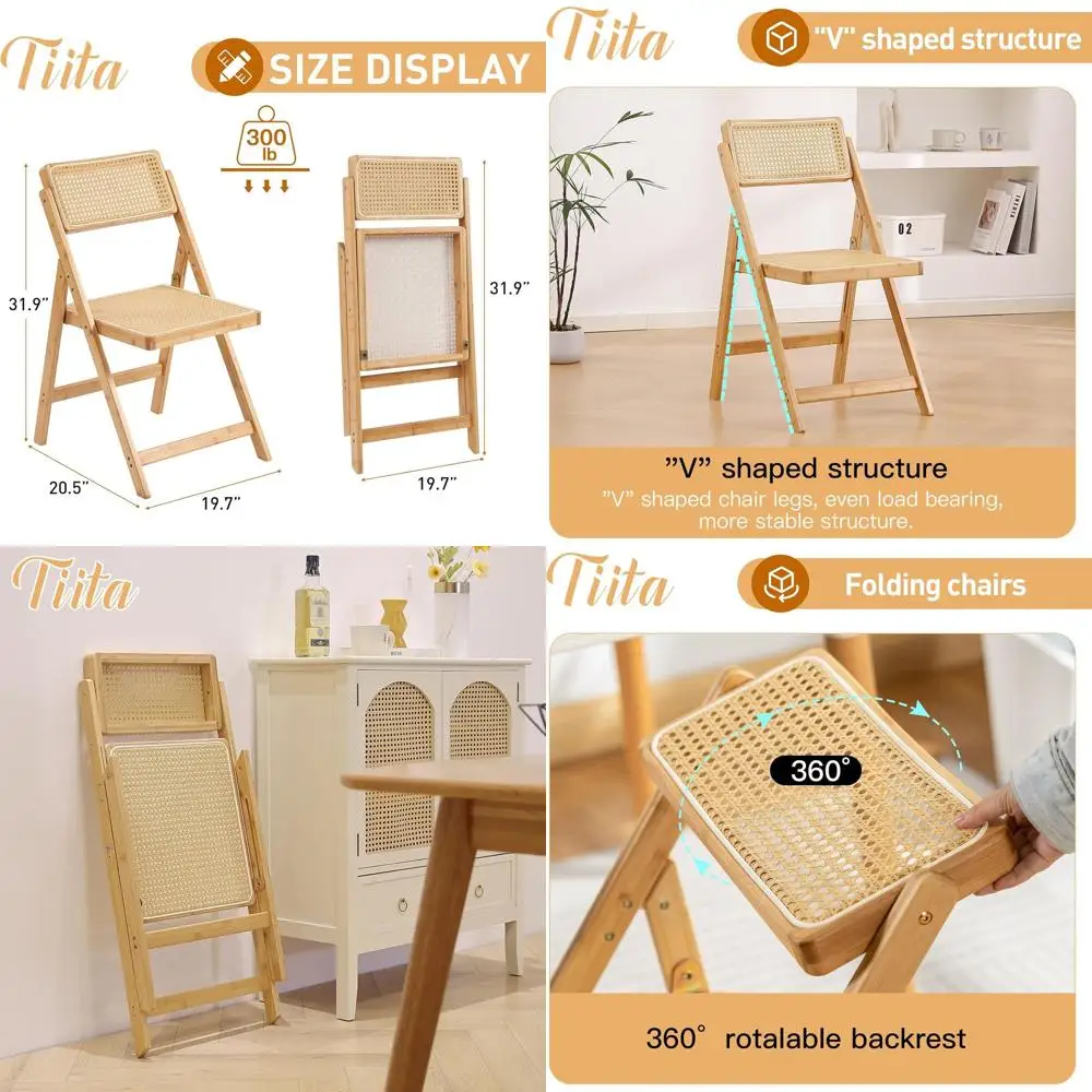 

Rattan Dining Chairs Set of 1, Mid Century Modern Folding Chair, Bamboo Folding Dining Chairs for Small Space, Dining Room, Livi
