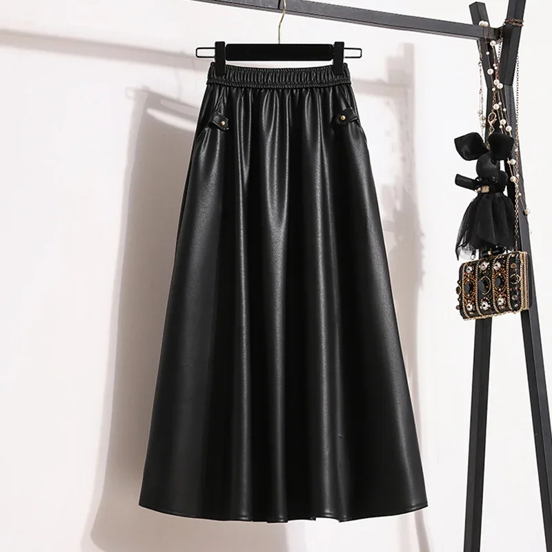 Large Size 4XL Vintage Long Faux Leather Skirt Women Elegant PU Skirt Autumn Winter Lady High Waist A-Line Skirt Female A359