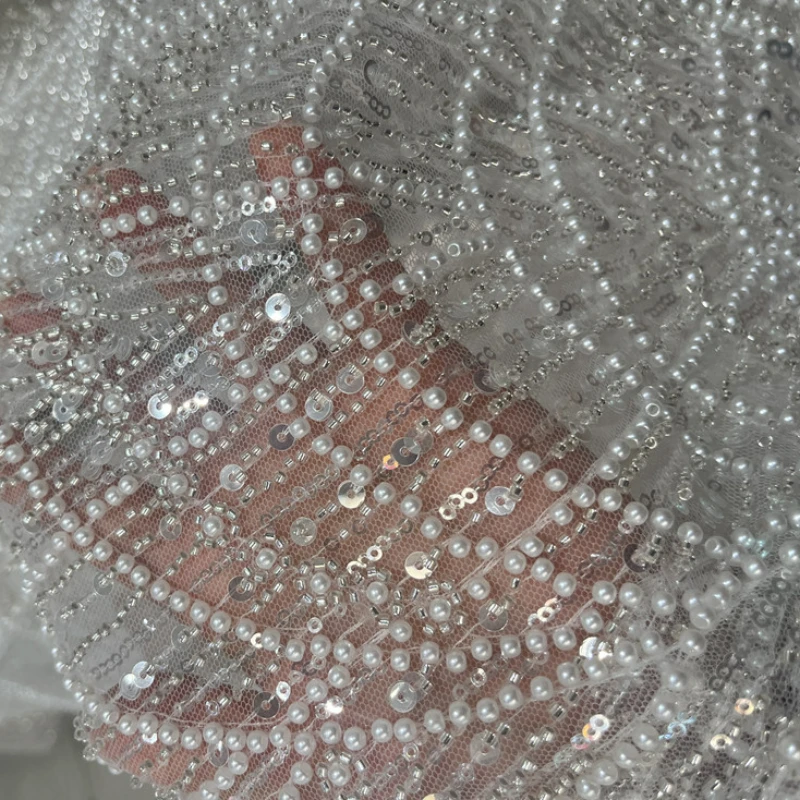Embroidered Lace Fabric Bead Sequin Mesh for Wedding Dress Show Clothing Designer Diy Sewing Material Cloth By The Meter