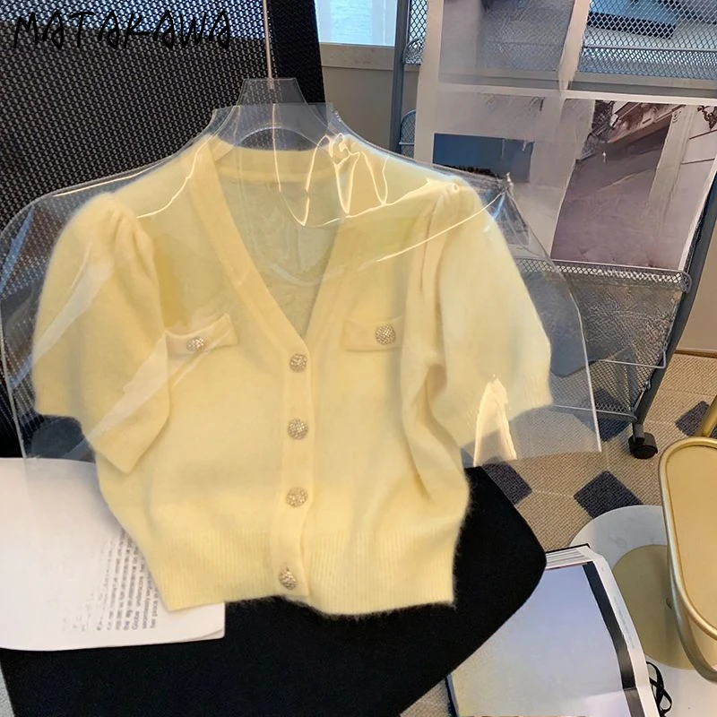 

Matakawa Short Cardigans Solid V Neck Thin Spring Summer Sweet Women Sweaters Korean Fashion Green Chic Ropa De Mujer